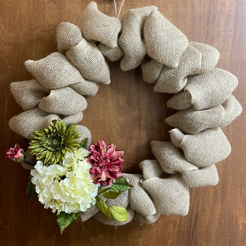 Handmade burlap wreath with silk flowers
